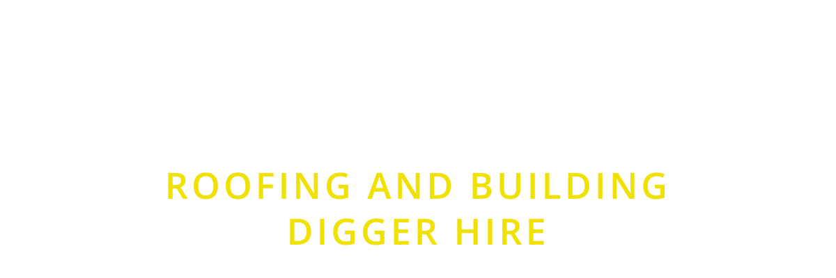 A yellow sign that says roofing and building digger hire on a white background.