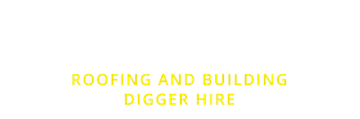 A yellow sign that says roofing and building digger hire on a white background.
