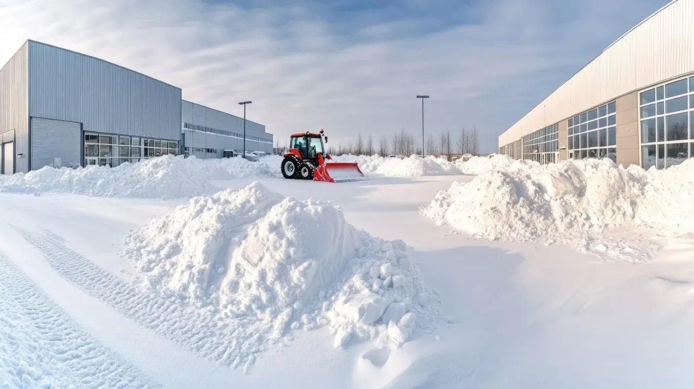 Tractor clearing snow in a commercial lot.