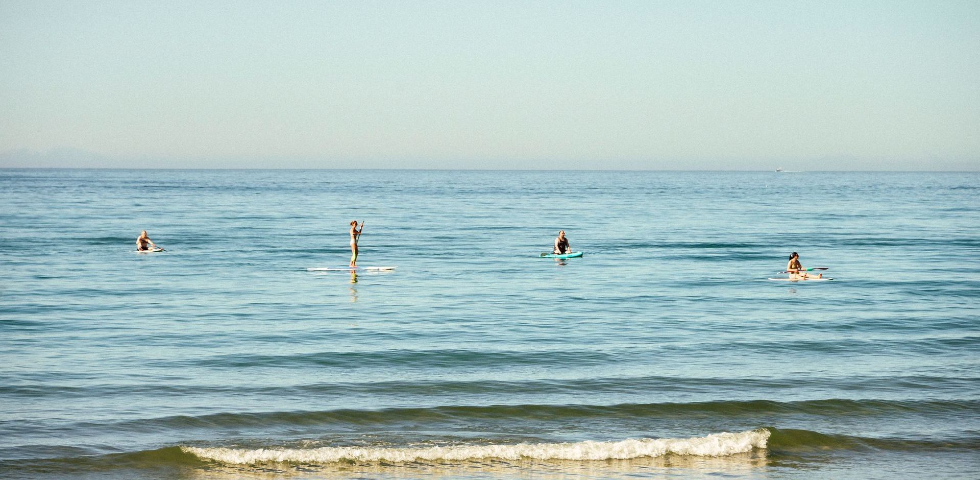 En gruppe mennesker står på surfebrett i havet.