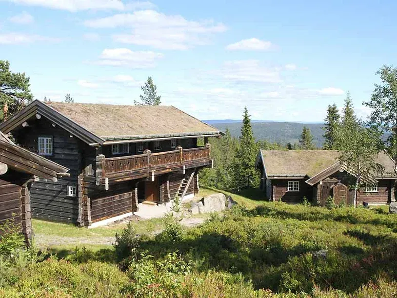 En gruppe tømmerhytter sitter på toppen av en høyde.