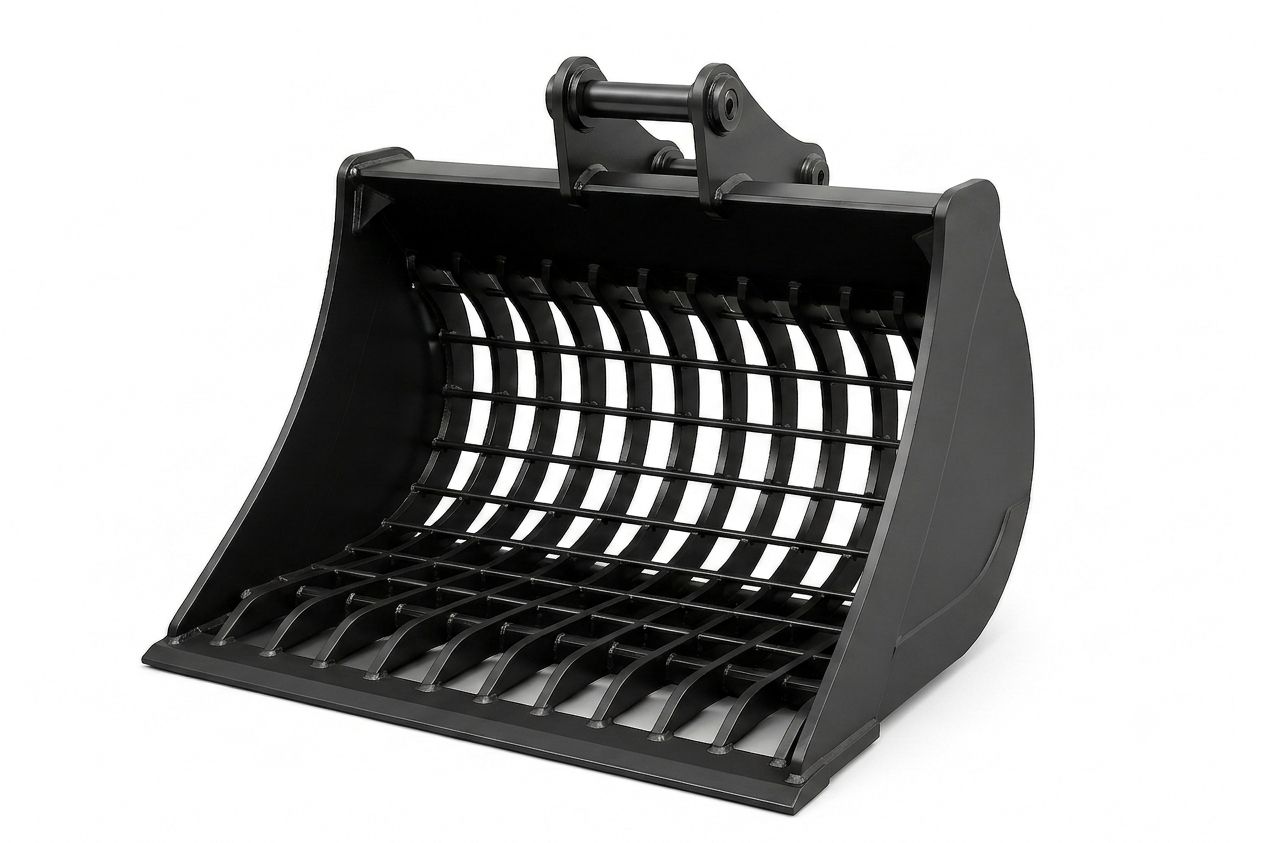 Skeleton riddle bucket attachment for Komatsu excavator hire Perth