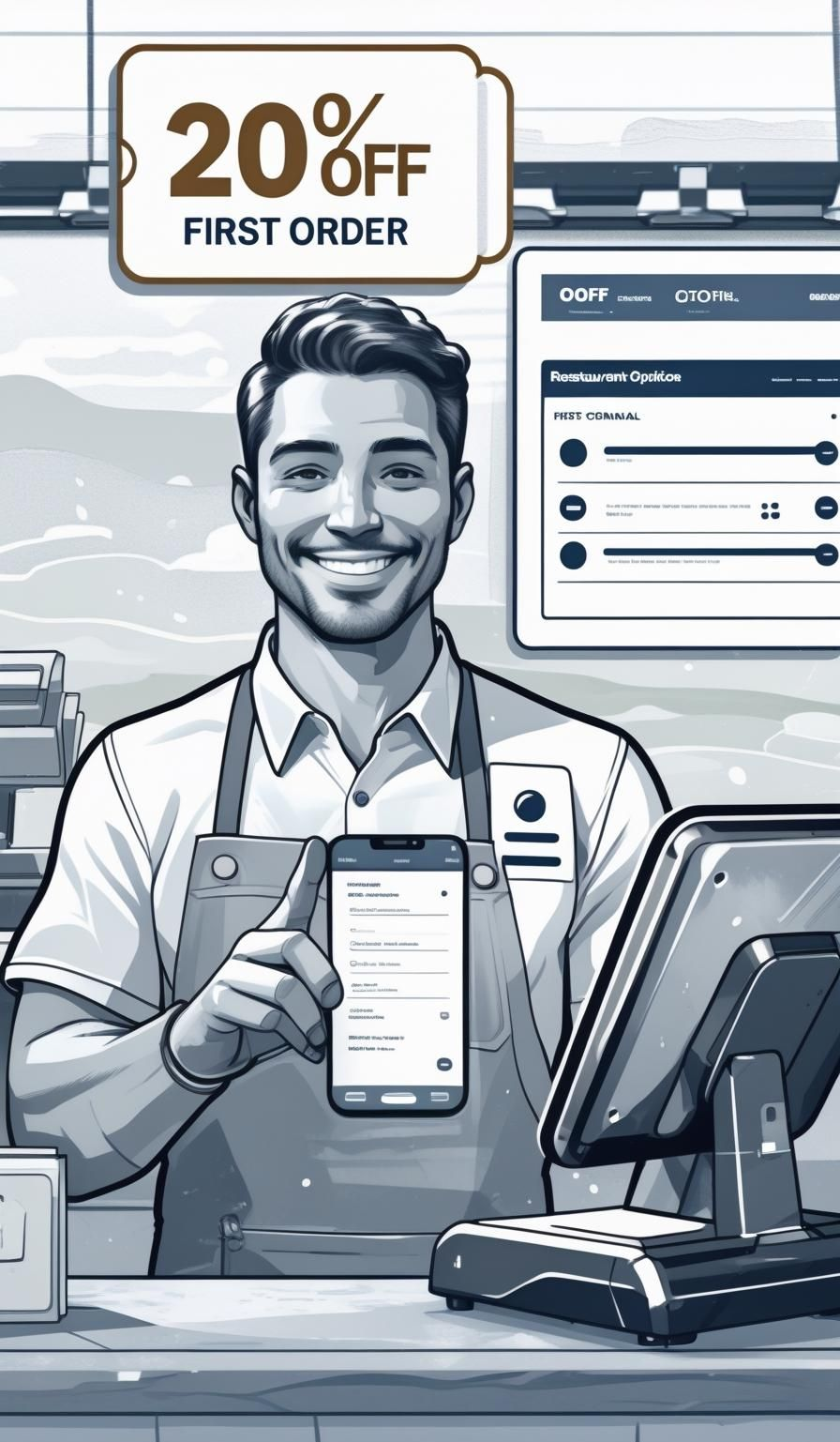 Man in apron points to phone displaying order; 20% off first order banner. Restaurant setting, smiling.