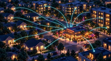 Nighttime aerial view of a lit residential complex with glowing arcs linking buildings and central plaza
