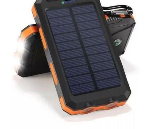 Black-and-orange rugged solar charger with a built-in LED light