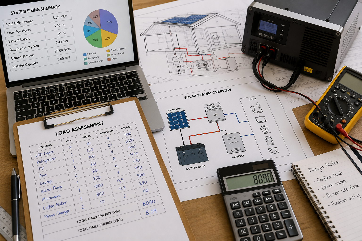 Desk with laptop, calculator, papers, multimeter, and circuit diagrams for electronics work