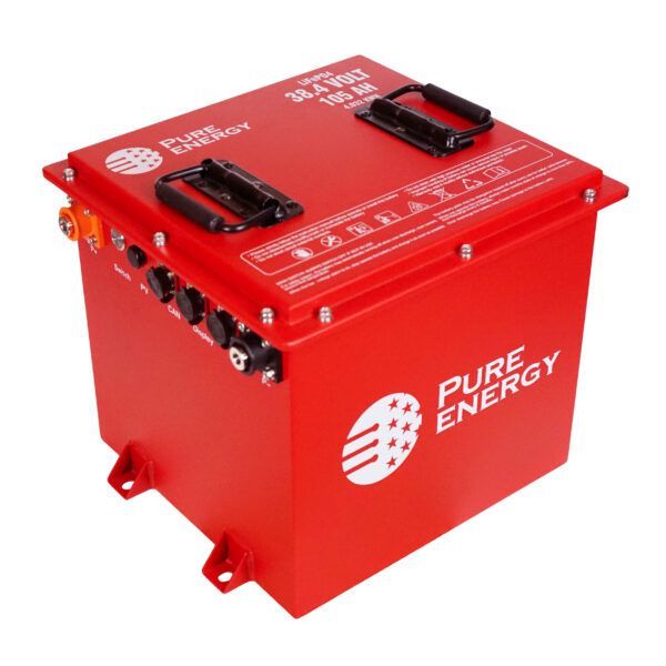 Red Pure Energy battery pack with black handles and side terminals on a white background
