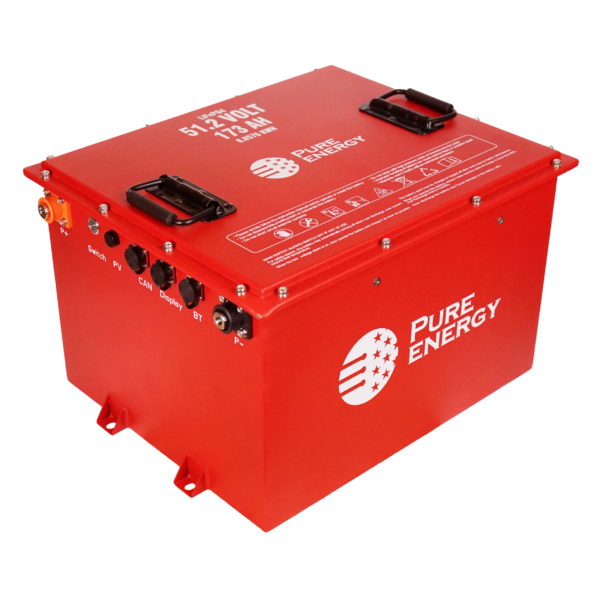 Red Pure Energy battery pack with black handles and control knobs on the side