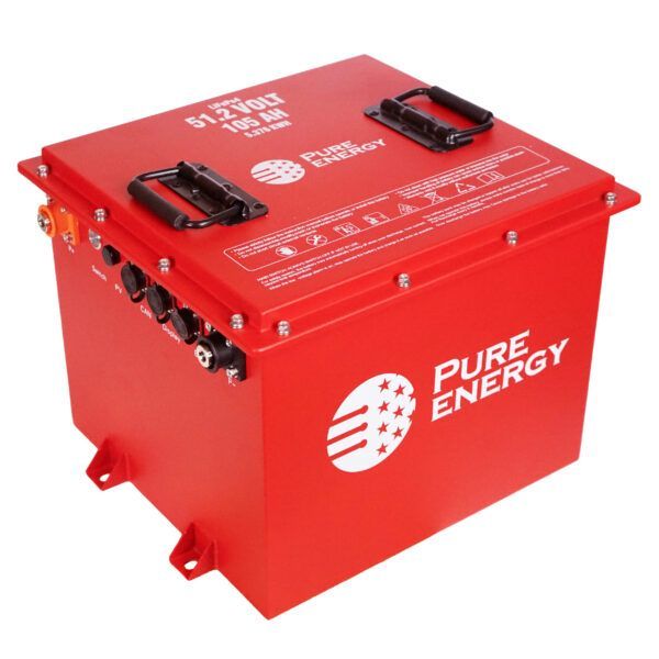 Red Pure Energy battery pack with black handles and side terminals on a white background