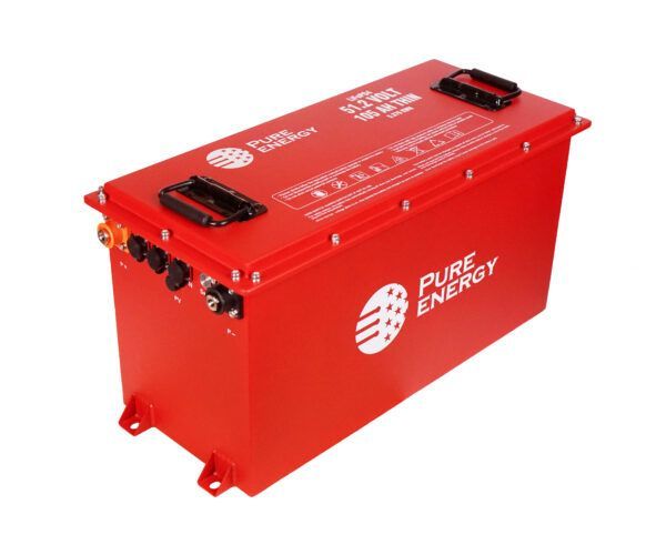 Red rectangular battery pack with black handles and white logo on a plain background