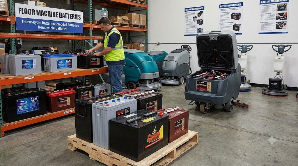 Truck/RV display sign behind two black metal storage boxes in a showroom.