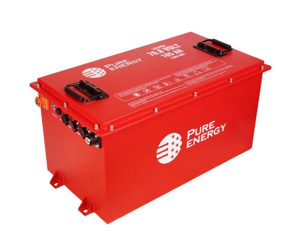 Red Pure Energy battery pack with black handles on a white background
