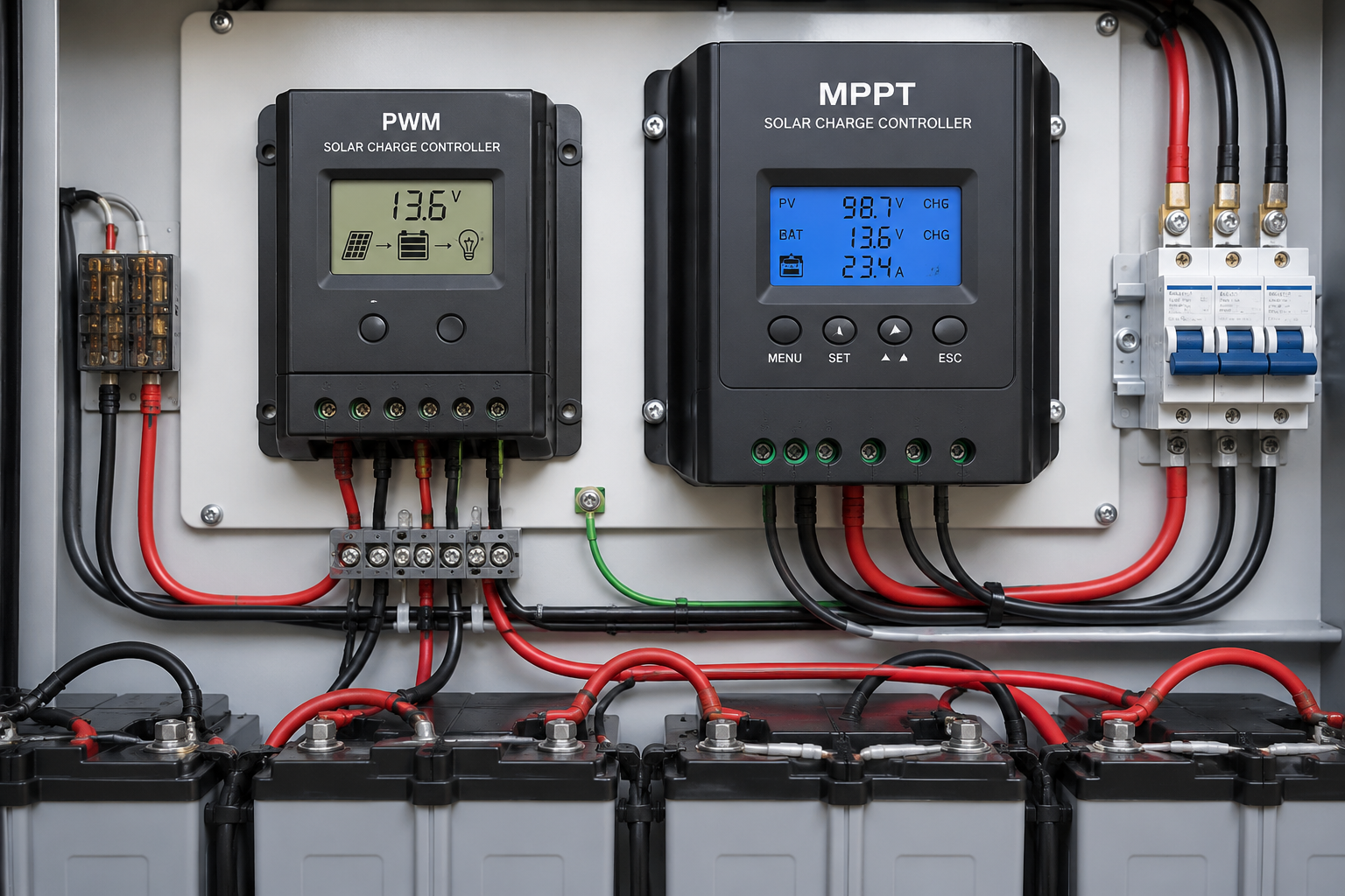 Wall-mounted solar power control units and wiring above a row of batteries in a utility cabinet