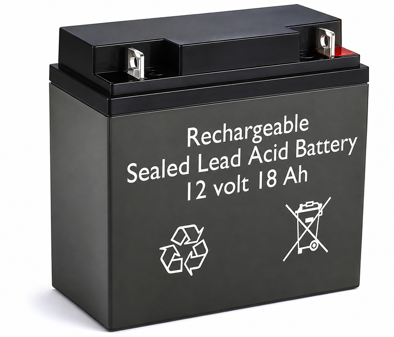 Black rechargeable sealed lead-acid battery labeled 12 volt 18 Ah with terminal posts