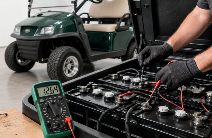 Open battery compartment with several wired black batteries and electrical components inside a green vehicle.
