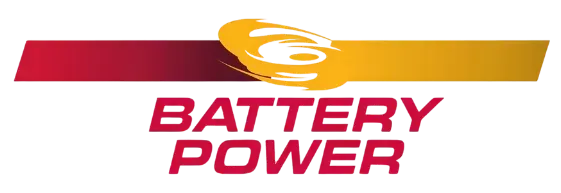Battery Power logo with red and orange text and swoosh on a white background