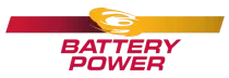Battery Power logo with red and orange text and swoosh on a white background