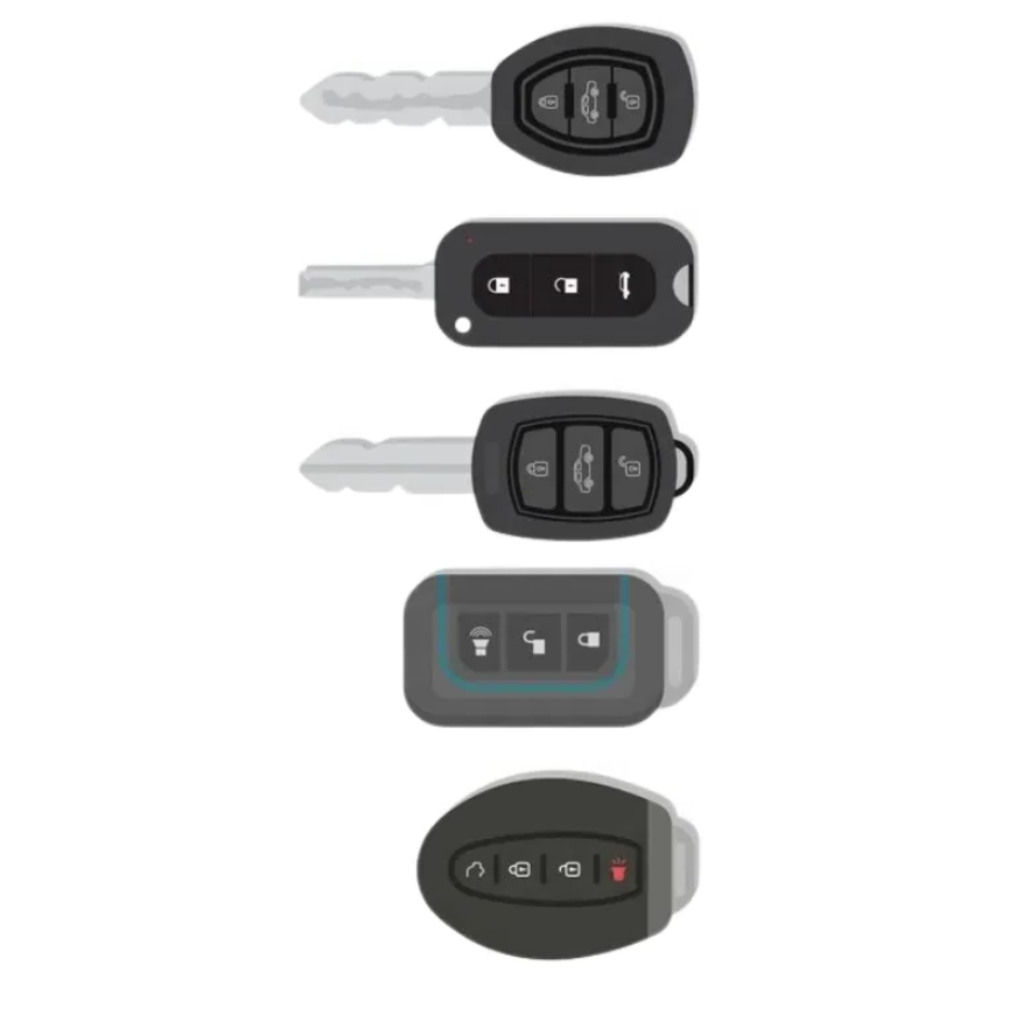 Five car key fobs in a vertical row, showing different button layouts and colors