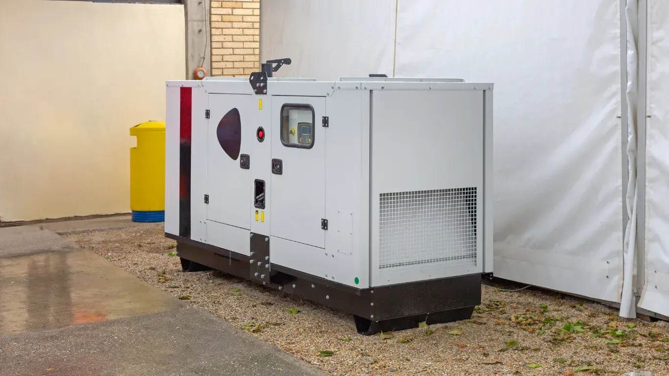 Gray industrial generator outside a building, set on gravel beside a white tent wall and yellow bin