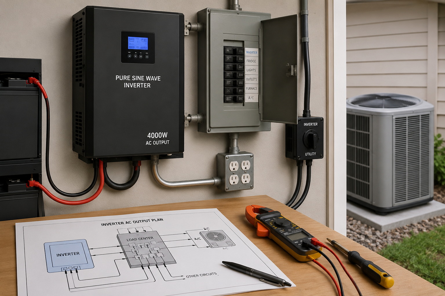 Electrical control panels and wiring mounted on an exterior wall, with tools and a wiring diagram on a workbench.