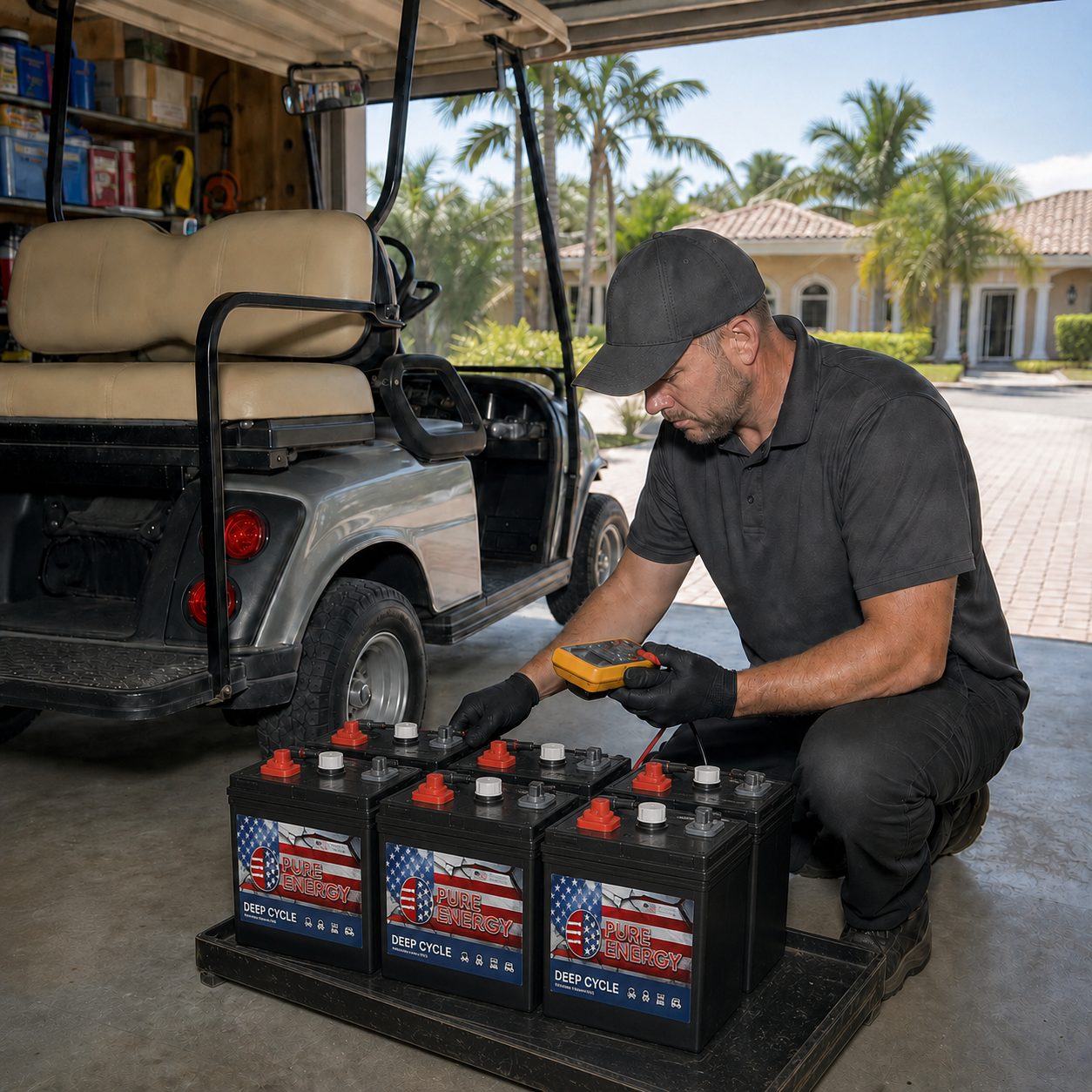 Two car batteries on a table, one black and one gray, with red and black terminals and labels.