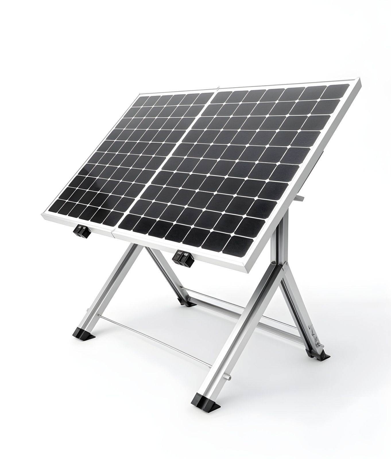 Portable solar panel mounted on an adjustable aluminum stand with black base feet