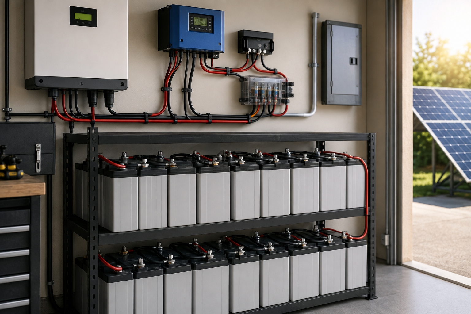 Wall-mounted home battery storage system with solar power equipment and inverter components in a garage