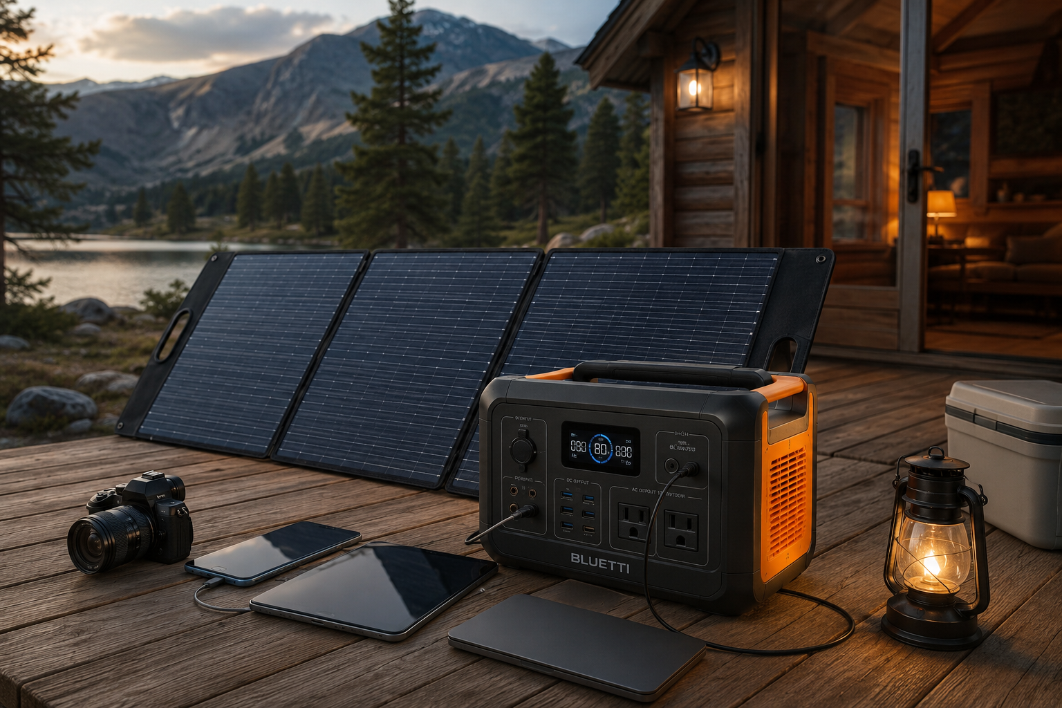 Portable solar panels and power station on a cabin deck at sunset by a mountain lake.