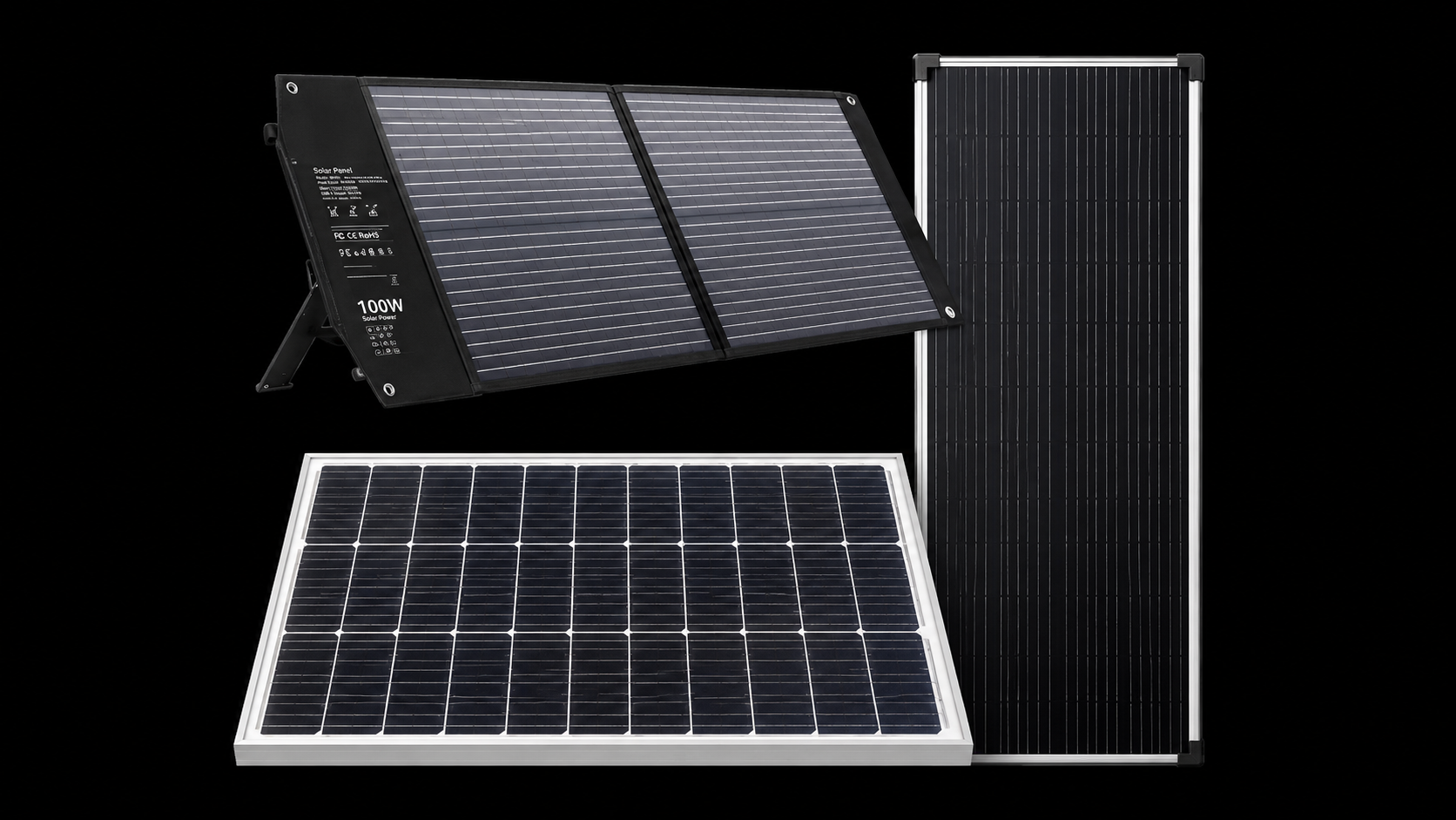 Three solar panels: one tilted black panel, one vertical black panel, and one flat white-framed panel