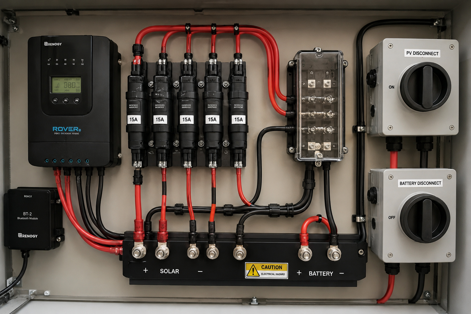 Electrical control panel with red wiring, fuses, and switches in a metal cabinet