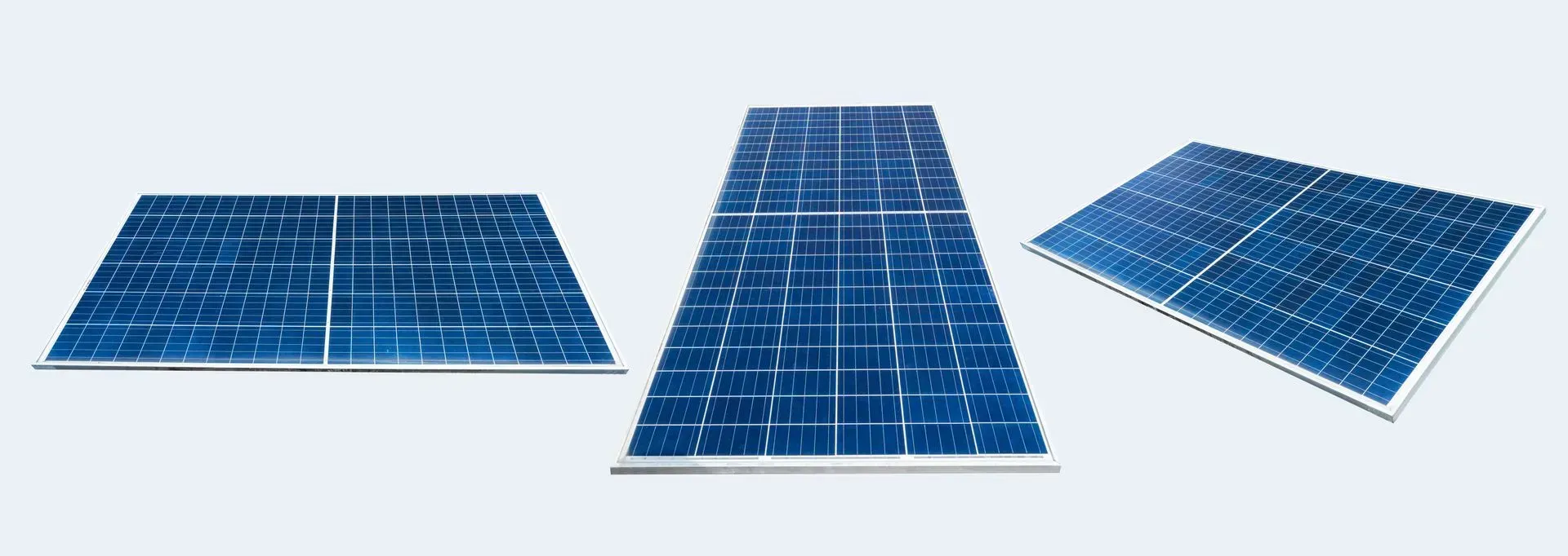 Three blue solar panels on a white background, arranged in a row