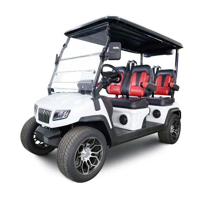 White golf cart with black roof and red seats on a plain white background