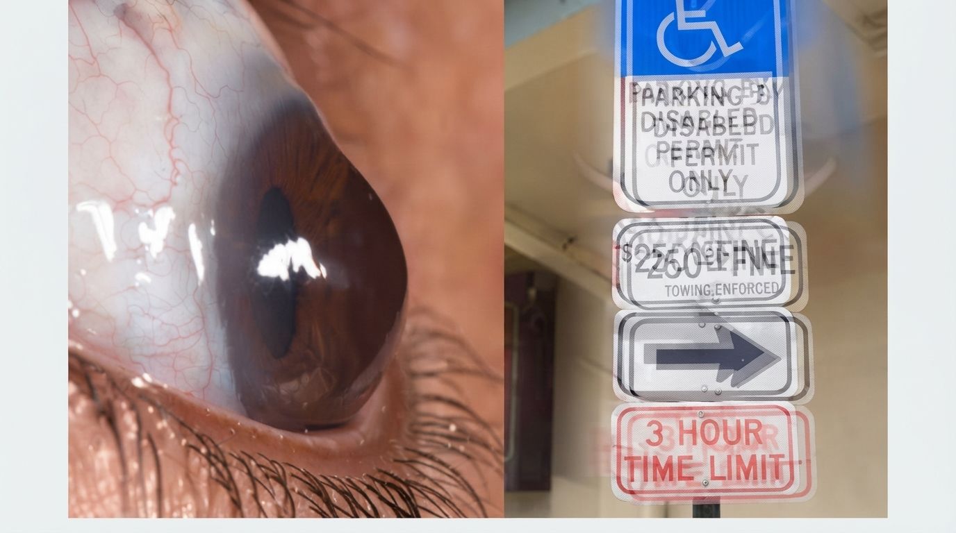 Close-up of an eye beside a stack of parking signs, one marked handicapped and fine/time limit notices