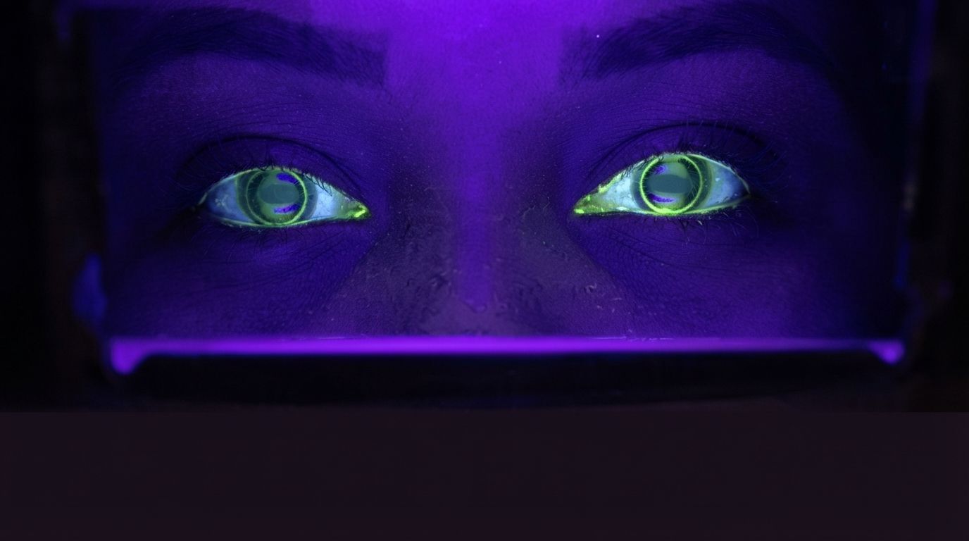 Glowing green eyes in a dark purple-lit scene with a horizontal neon line below