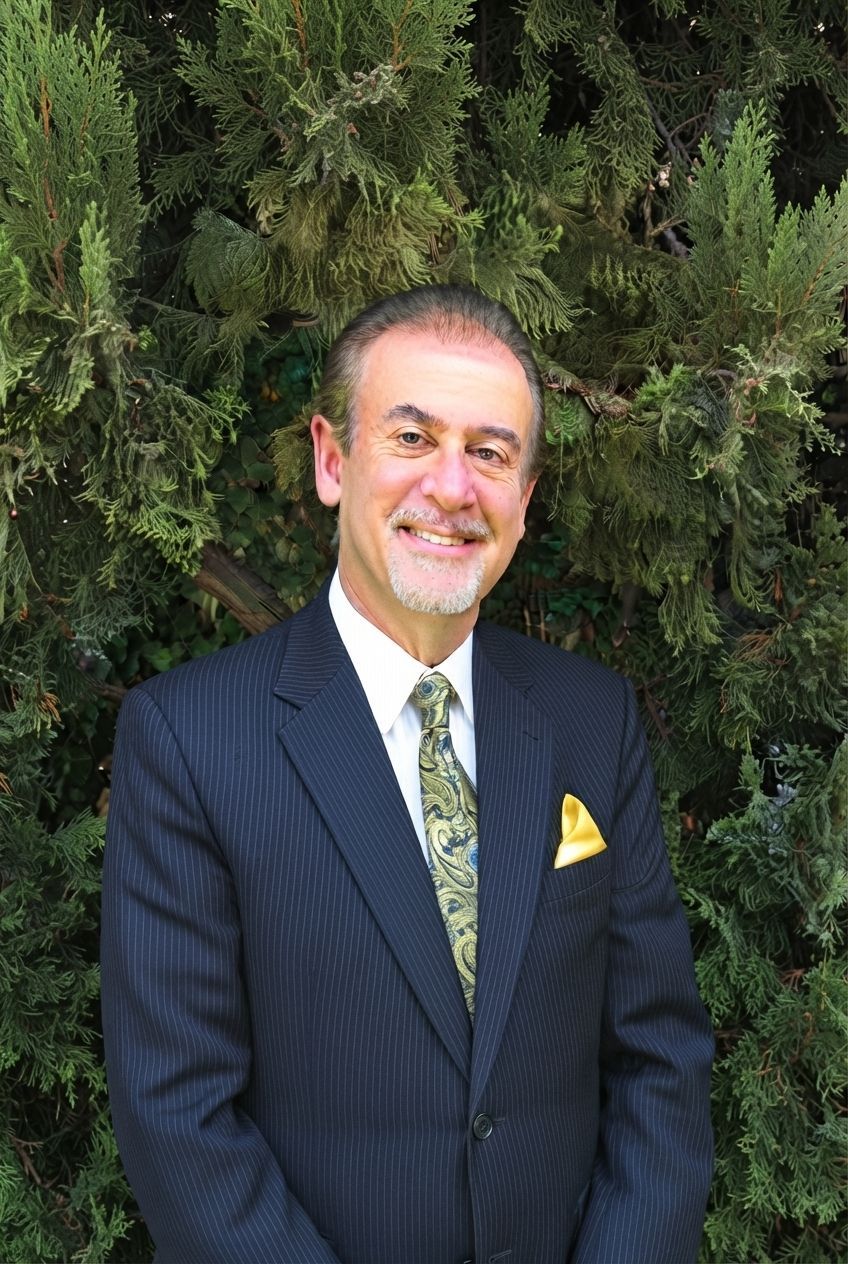 Smiling man in a dark suit with patterned tie and yellow pocket square, standing outdoors by greenery