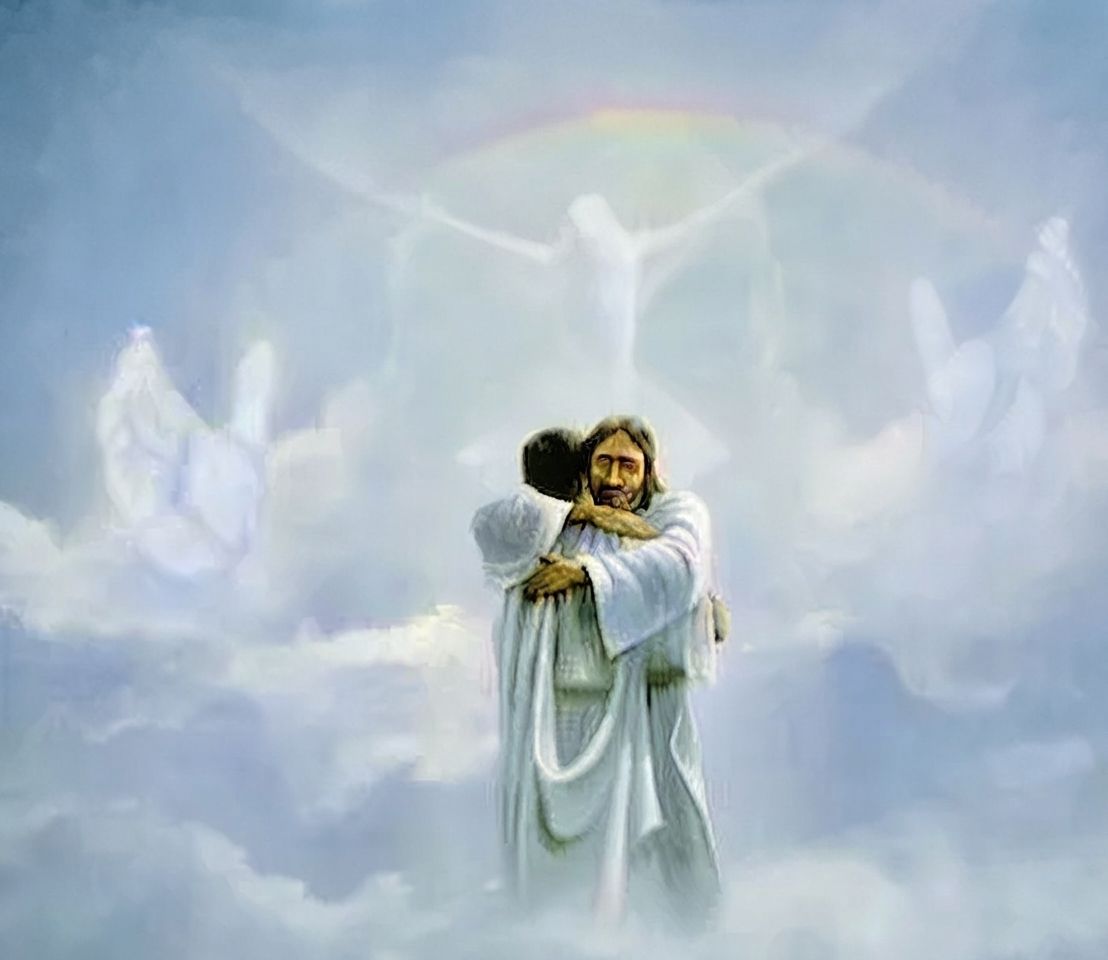 Two robed figures embrace in a cloudy sky beneath a glowing rainbow and a white dove