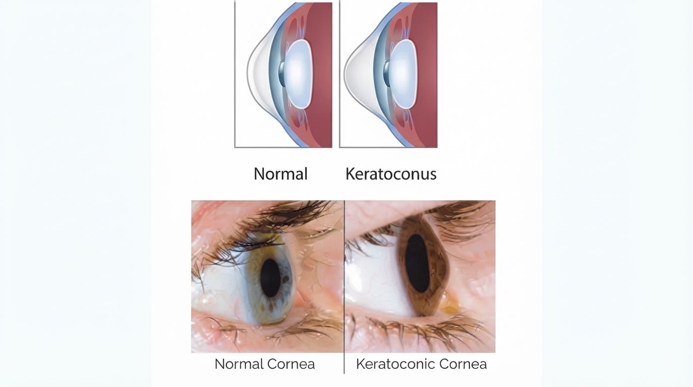 Diagram comparing normal cornea and keratoconus, with close-up eye photos below.