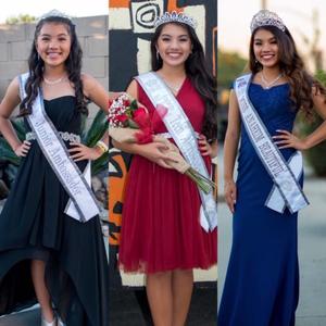 Three pageant winners in gowns and sashes, smiling and posing with bouquets outdoors.
