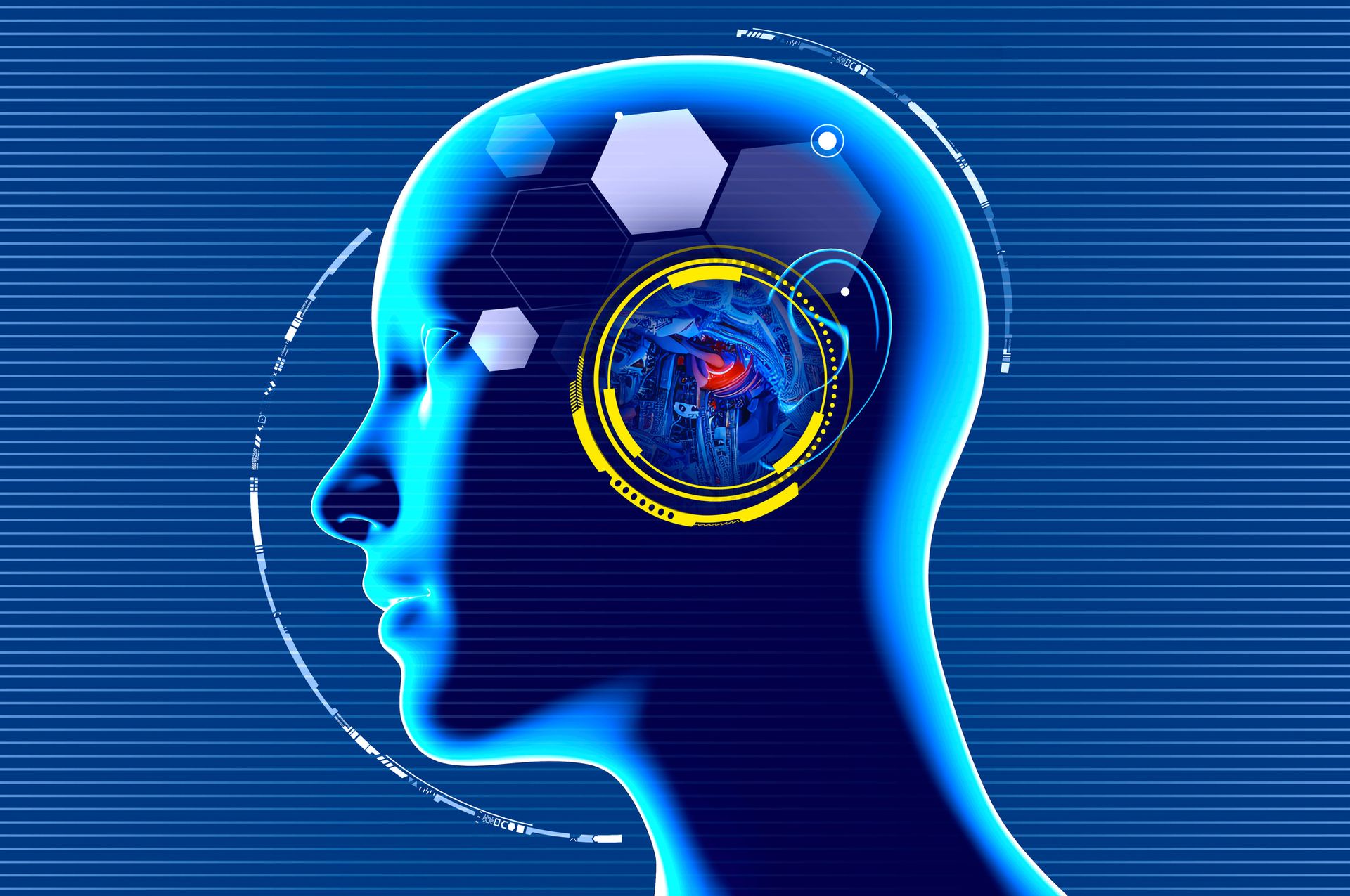 Profilo digitale blu di una testa umana con circuiti cerebrali luminosi e icone tecnologiche.
