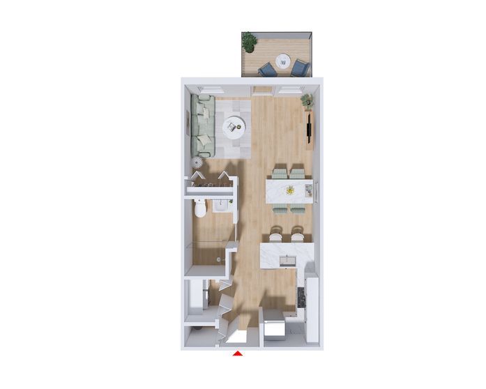 A floor plan of an apartment with a bedroom , living room , and kitchen.