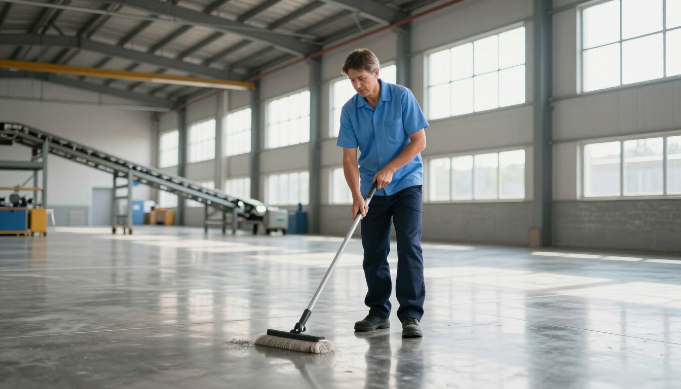 Professional cleaning technician mopping an industrial floor