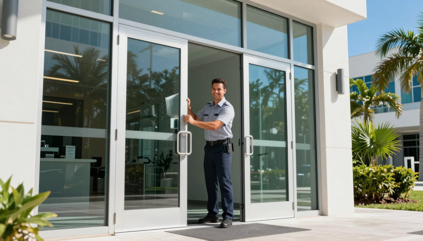 A porter cleaning a glass door in a modern South Miami office