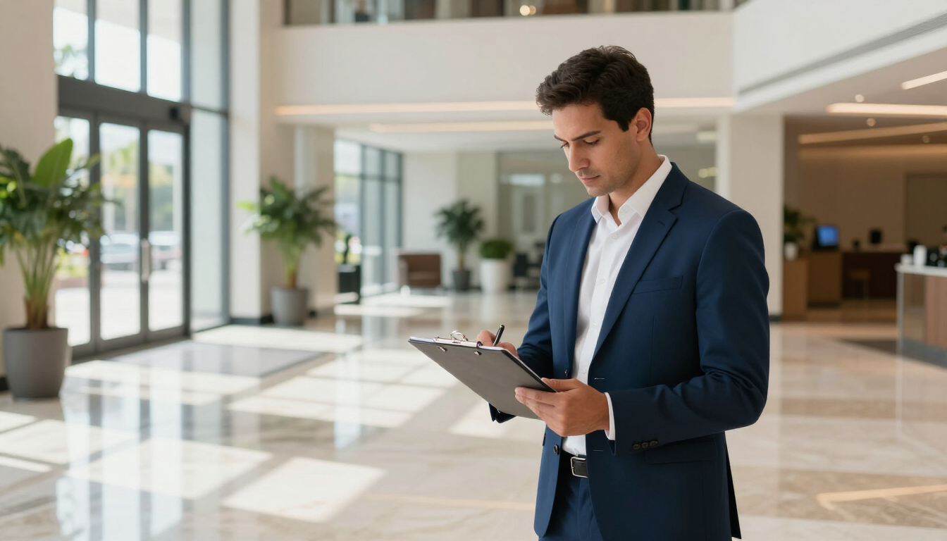 Professional facility manager inspecting a clean lobby