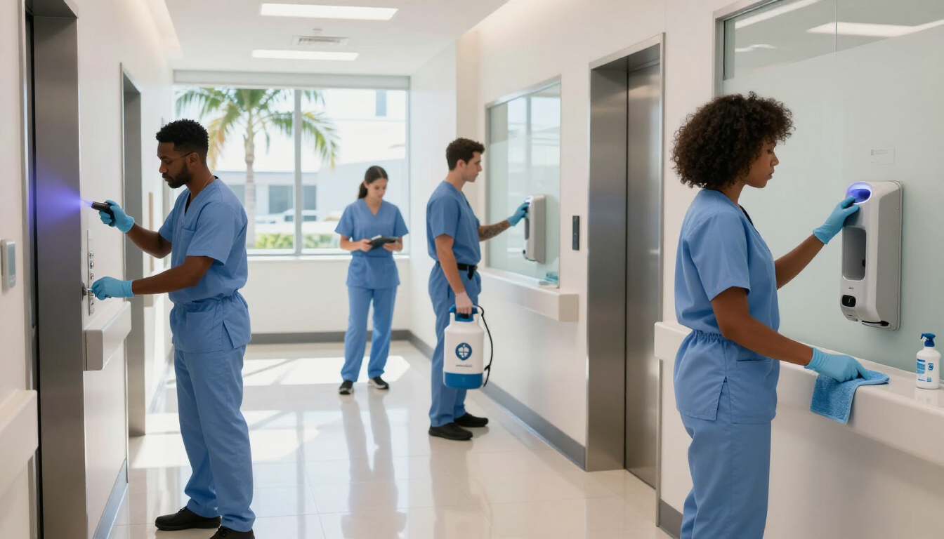 Cleaning crew using advanced equipment in a medical facility