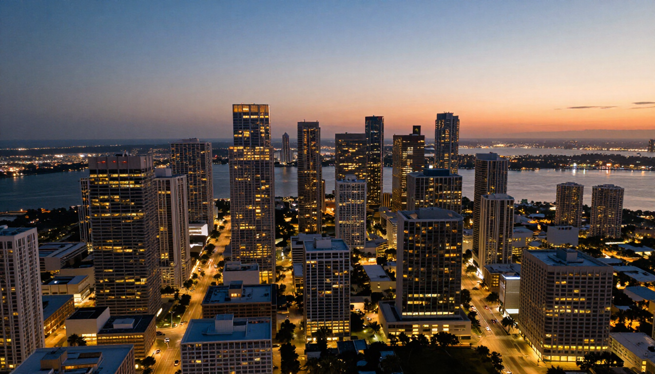Aerial view of Miami skyline at dusk
