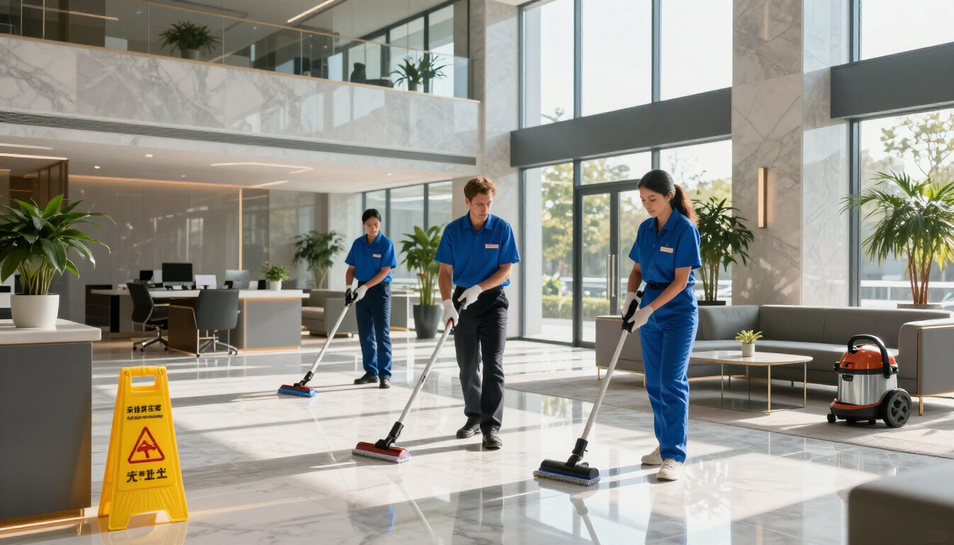 Photorealistic commercial building lobby with professional cleaning staff