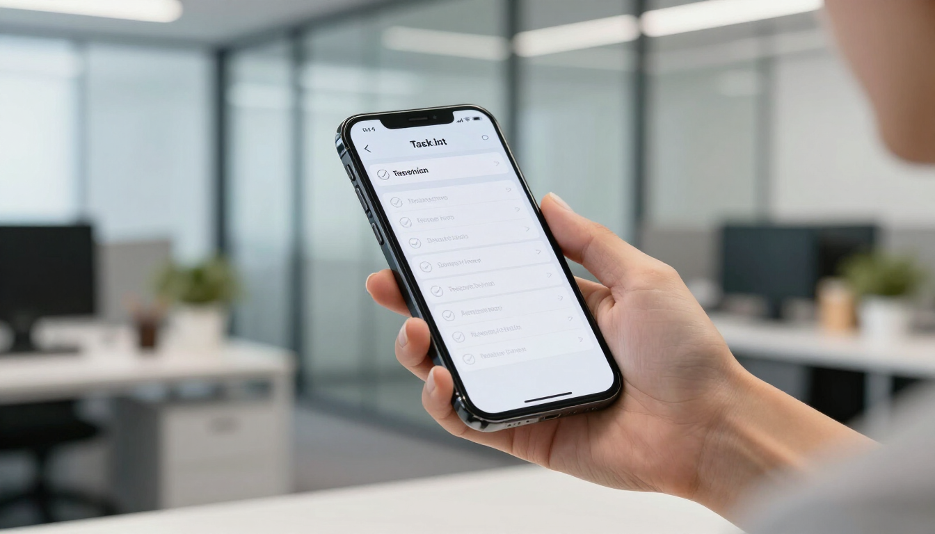 Cleaning technician using a mobile device to log tasks