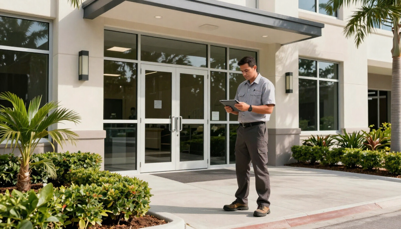 Professional facility maintenance and groundskeeping team at work