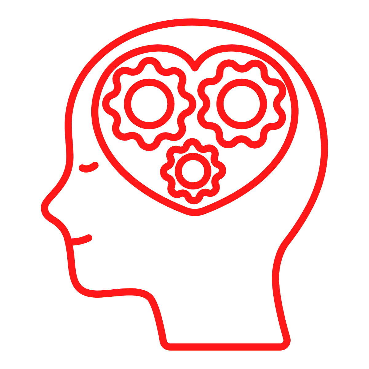 Red outline of a head with a heart containing gears, symbolizing empathy and thought.