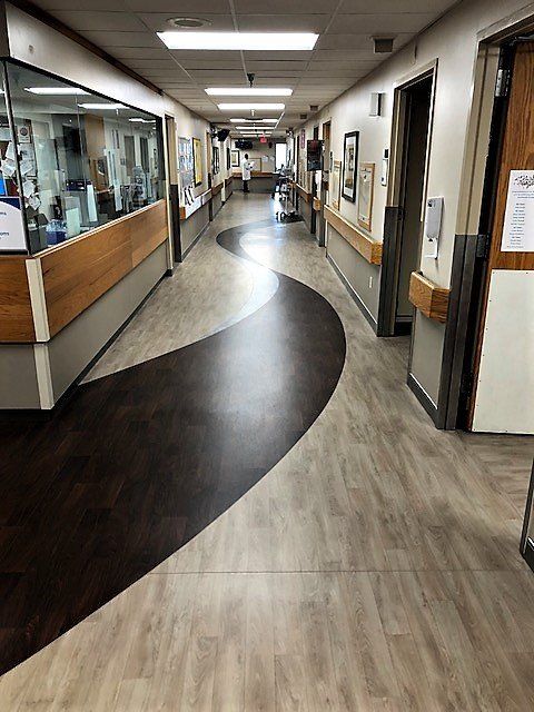 Quiet office hallway with a curved dark floor path, reception window, and doors along both sides